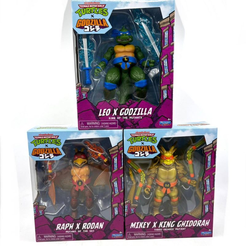 TMNT x Godzilla crossover Set of 3 Turtles Leo Mikey Raph; Rodan Ghidorah