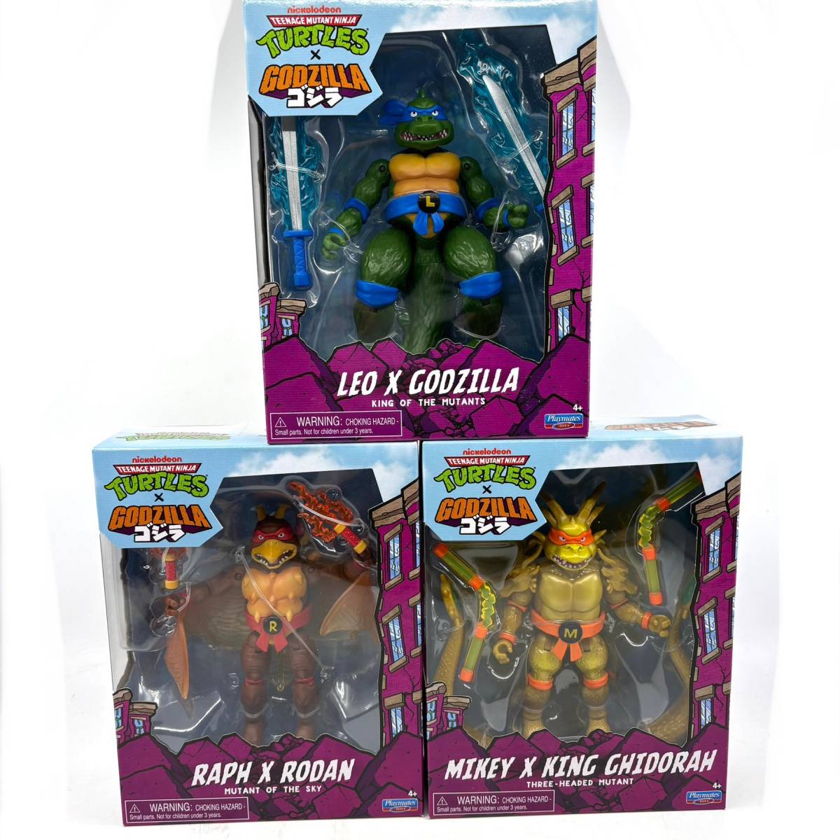 TMNT x Godzilla crossover Set of 3 Turtles Leo Mikey Raph; Rodan Ghidorah